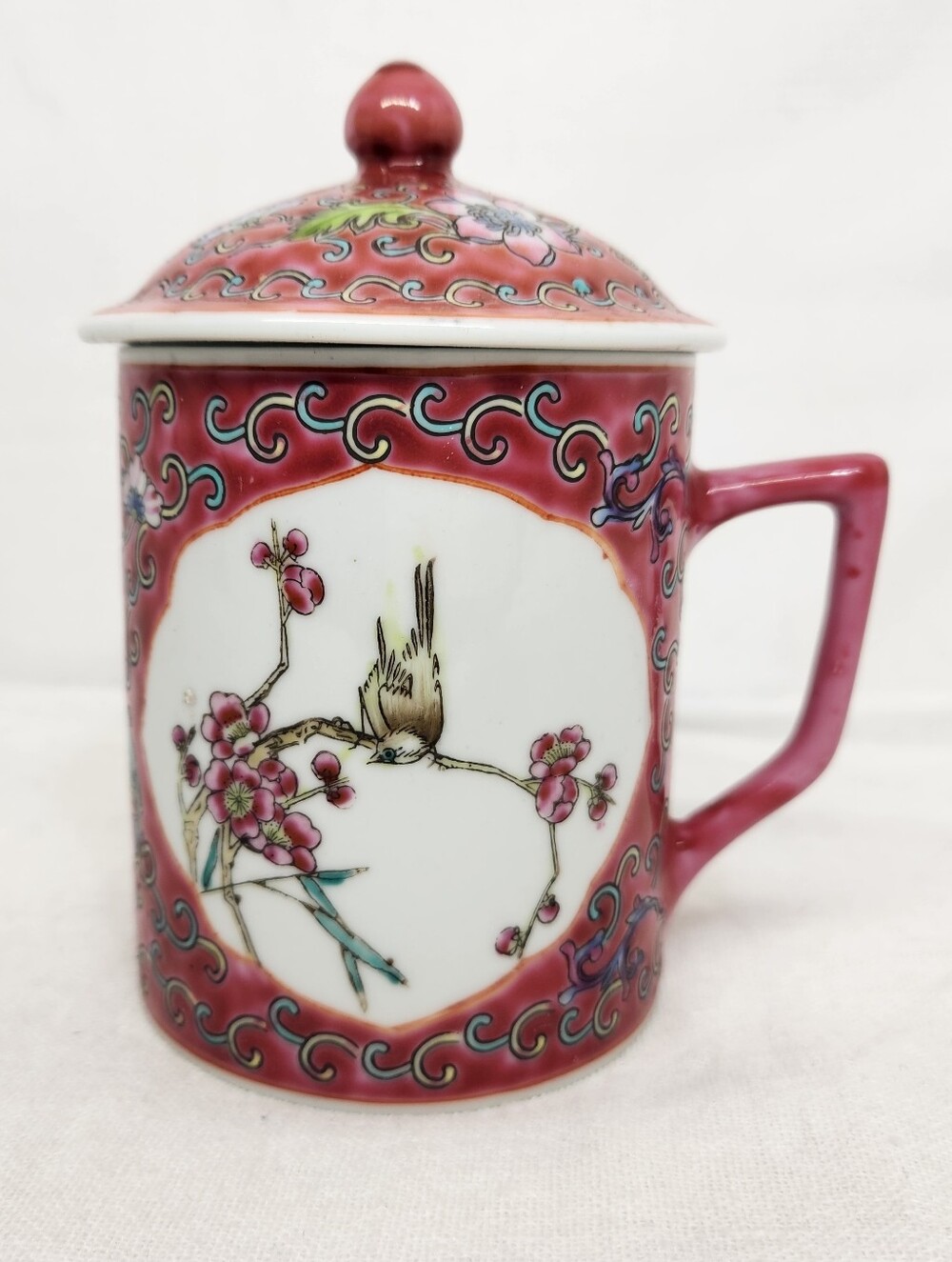 Vintage Chinese Porcelian With Lid Plum Cherry Blossom Bird Pirched Red